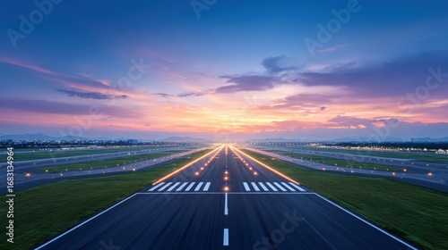 Expansive view of an airport runway at sunset, illuminated by runway lights, with a vibrant sky showcasing hues of orange, pink, and blue, creating a serene travel atmosphere