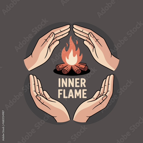 Four human hands gently cupping and protecting a vibrant glowing campfire with the words inner flame written in the center symbolizing warmth and care