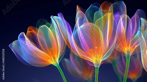 Digital glowing neon flowers futuristic holographic style luminous petals floating in dark background fantasy floral art