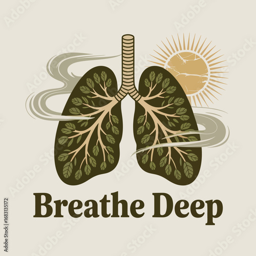 Healthy lungs breathing fresh air with sunshine and gentle smoke clouds symbolizing clean atmosphere and well being