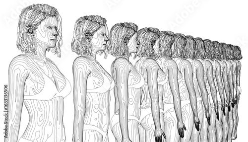A group of women stands in a line wearing matching panties and bras. This girl set conveys unity and solidarity with clean line art on white.