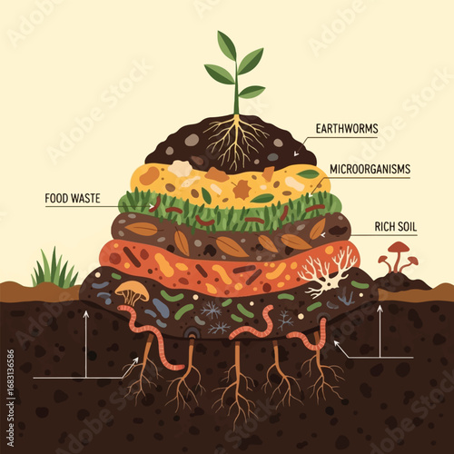 A cross-section illustration of a compost pile showing layers of organic matter, microorganisms, earthworms, and plant roots, demonstrating the composting process.