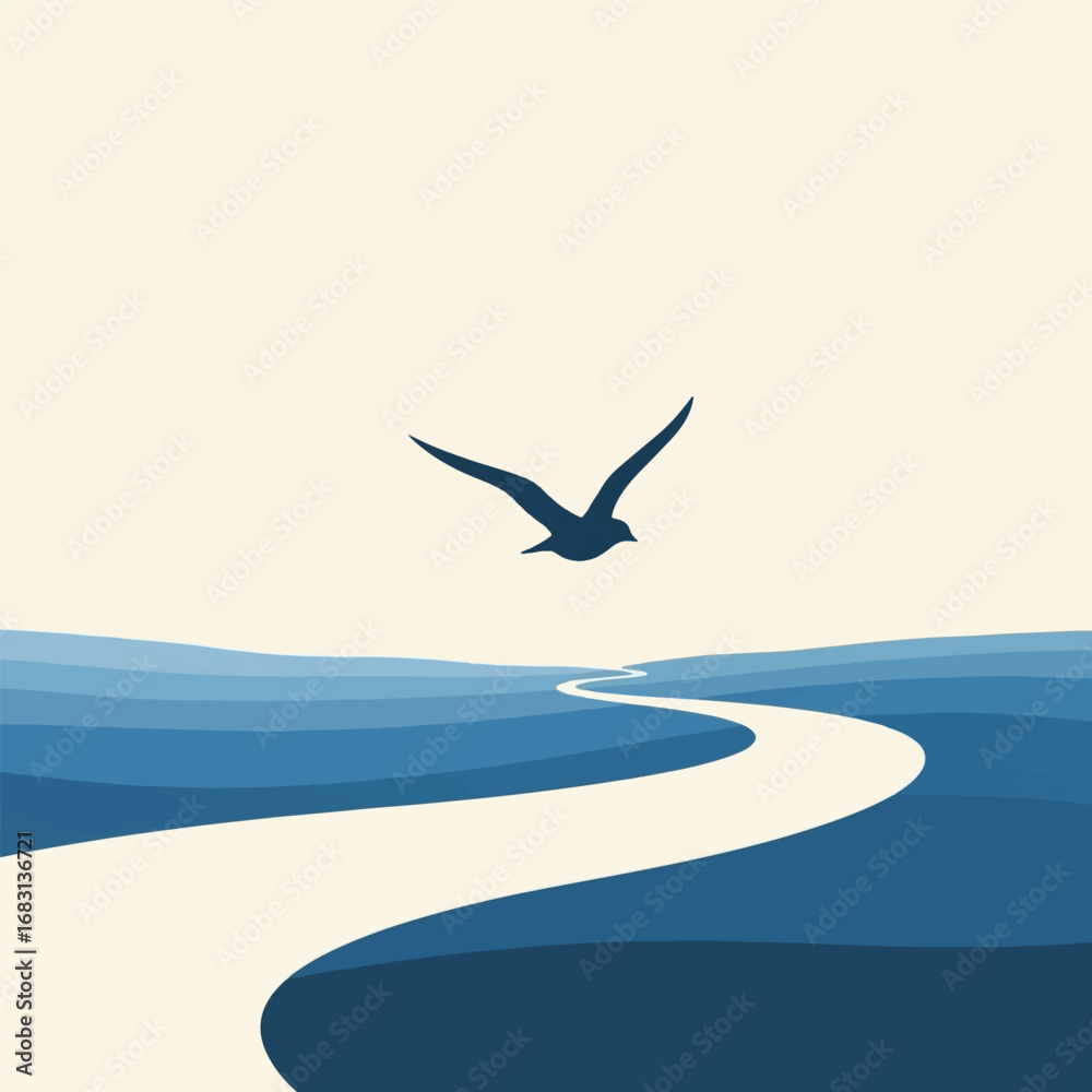 Naklejka premium A minimalist graphic illustration of a bird flying over a winding river or path through blue waters under a pale sky.