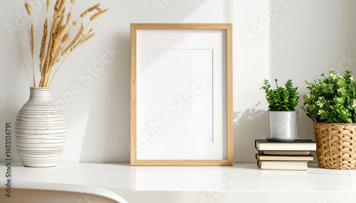 Vertical wooden photo frame mockup on a desk with plants for an elegant home office interior design presentation