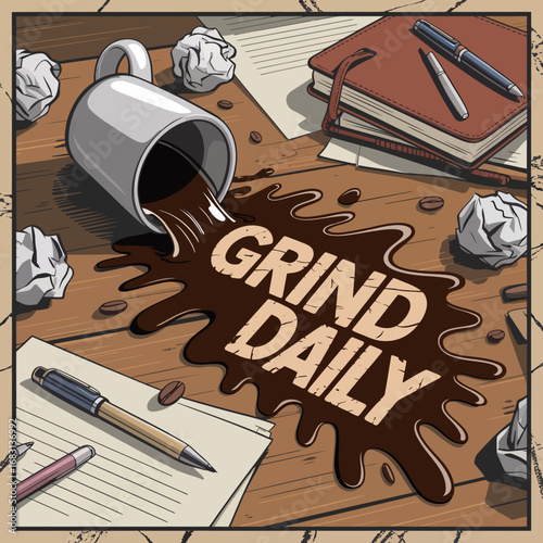 A spilled coffee mug creates a messy puddle on a wooden desk with crumpled paper balls and writing instruments conveying the concept of a daily grind