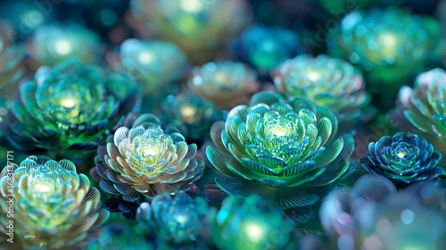 Digital holographic flowers glowing green and blue light tech inspired floral design