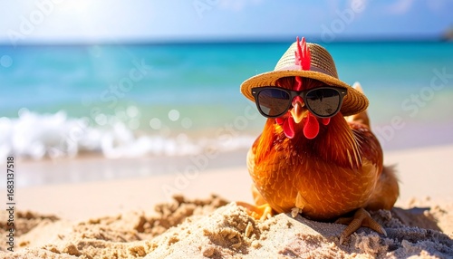 A humorous chicken wearing a straw hat and sunglasses relaxes on a sun-drenched tropical beach with turquoise water.