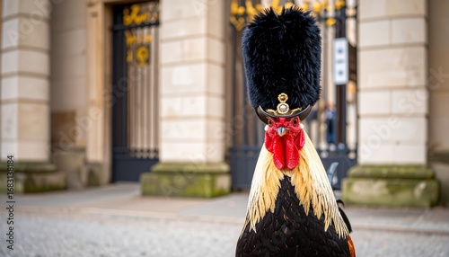 A rooster stands in front of a building, wearing a miniature black bearskin hat and a red collar.