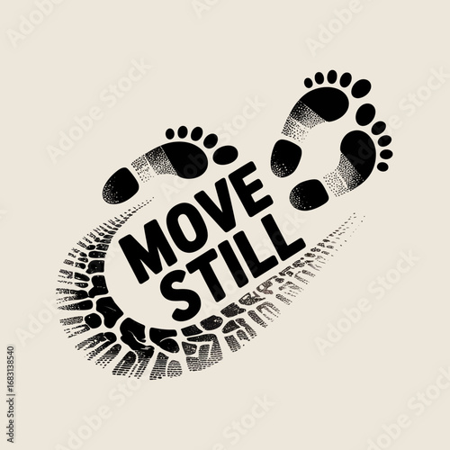Conceptual image of footprints and a tire track forming the words move and still representing a paradox of motion and stillness progress and pause or a journey s beginning and end