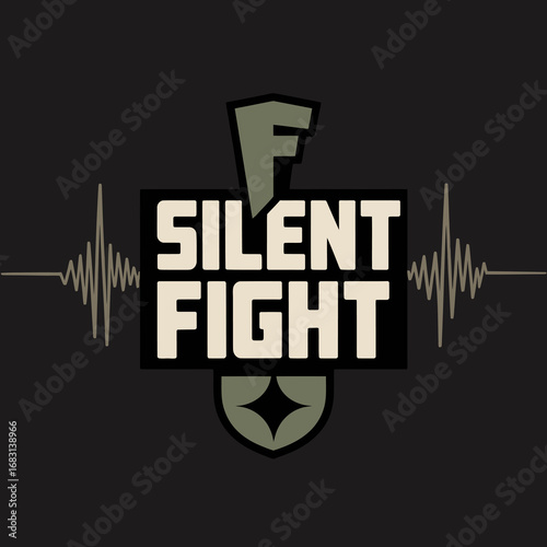 Bold graphic logo design featuring the words silent fight in distressed white lettering against a dark background with stylized sound waves and a shield emblem