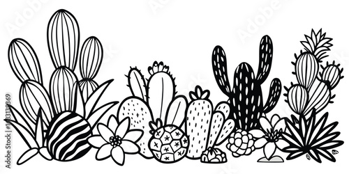 Black and white illustration of a desert landscape with various cacti and succulents