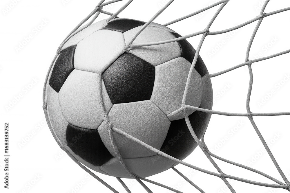 Naklejka premium Soccer ball sailing into goal net, dramatic moment of scoring, transparent backdrop enabling diverse graphic design applications