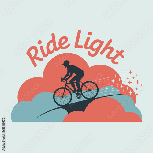 Silhouette of a cyclist riding a bicycle uphill against a backdrop of stylized clouds and the text ride light