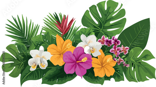 Vibrant tropical flower arrangement with lush greenery and exotic foliage on white background