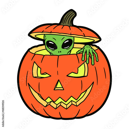 mysterious alien hiding in a Halloween pumpkin lantern funny cartoon illustration
