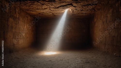 Mysterious Cavern Beneath the Pyramid Illuminated by a Single Ray of Light Piercing the Darkness