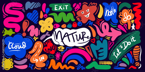 Naive cute abstract shapes sticker pack. Fun funky flowers, bubbles, stars, circles, eyes typography in trendy retro 90s cartoon style