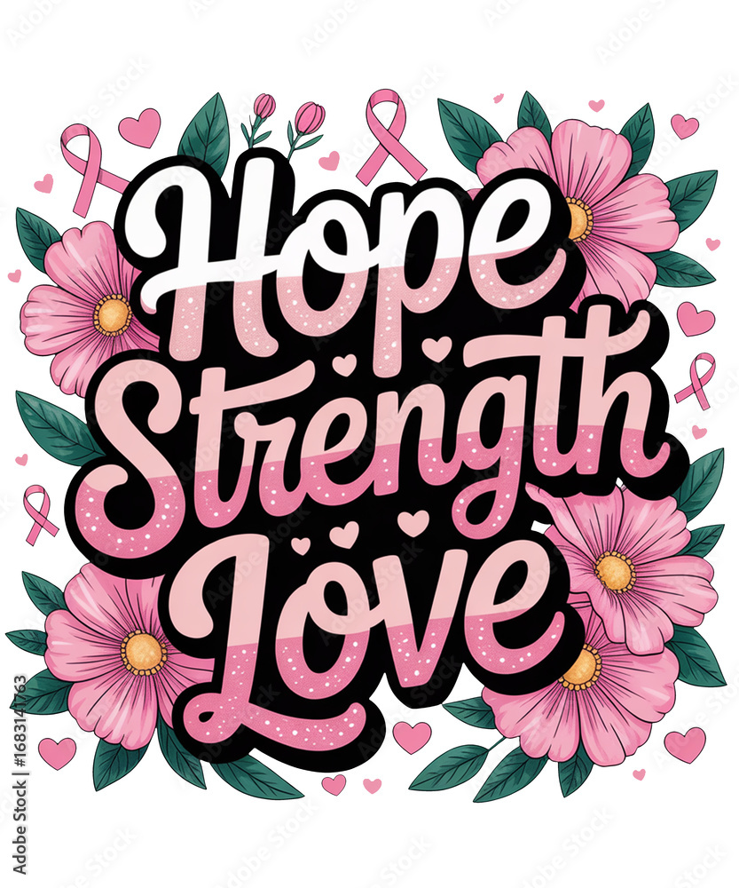 Obraz premium Breast cancer awareness graphic design with hope strength love message floral pink ribbon accents