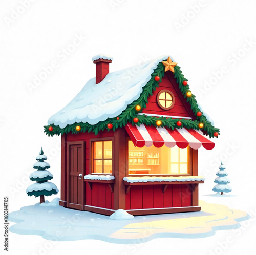 Christmas market hut with snowflakes on the roof, Christmas decorations