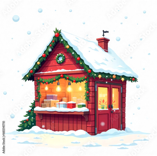 Christmas market hut with snowflakes on the roof, Christmas decorations
