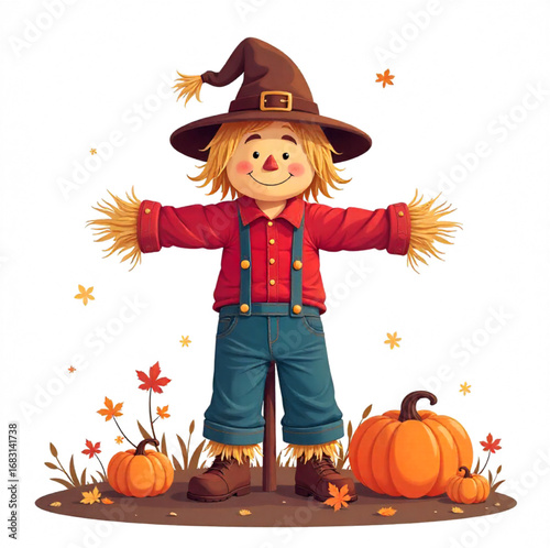 Autumn scarecrow with pumpkins nearby, brown hat, red shirt