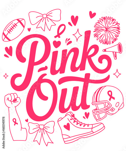 Pink out breast cancer awareness design with football elements and inspirational message perfect for team spirit and charity support