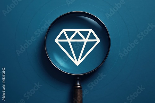 Magnifying glass focuses sharply upon a radiant diamond icon, symbolizing clarity, investigation, and the pursuit of invaluable treasures.