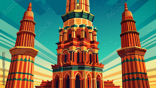 Qutb Minar in Delhi, India rises gracefully with detailed carvings, red sandstone pillars, and historic inscriptions, a striking medieval minaret symbolizing victory, heritage, and architectural maste