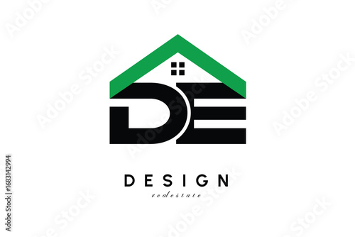 DE Letter Logo – Green Roof House Monogram for Real Estate & Home Branding
