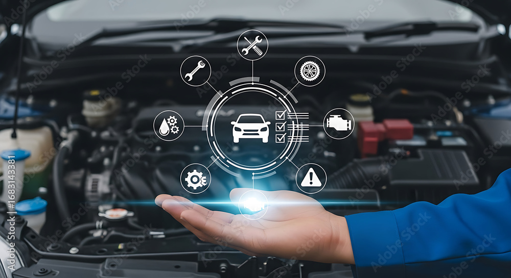Car Maintenance Concept Automotive Technology with Hand and Engine