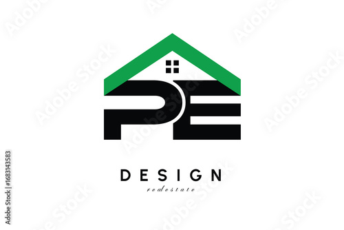 PE Letter Logo – Green Roof House Monogram for Real Estate & Home Branding