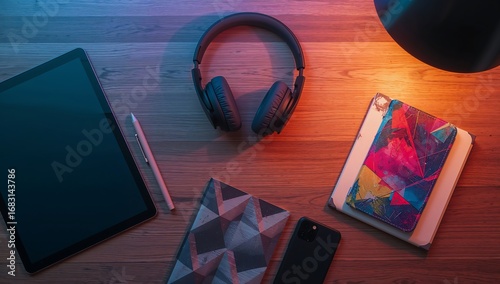 Top view of laptop, mobile phone and headphones on a wooden table. Top view of modern workplace with laptop, smartphone and headphones on light background