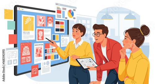 Three colleagues collaborate on a design project, discussing visual elements displayed on a large screen and a tablet.