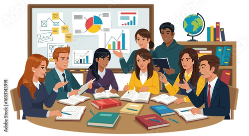 Diverse business team gathered around a table, engaged in a collaborative meeting, with various business materials displayed on a whiteboard.