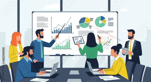 Diverse business team discussing financial reports and market trends during a corporate meeting with charts.