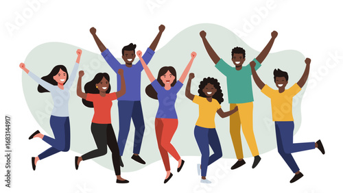 Diverse Group of Joyful People Jumping and Celebrating Success