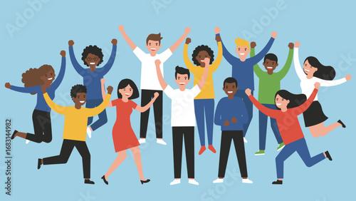 Diverse Group of Joyful People Celebrating Success, Vector Illustration