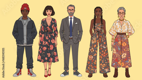 Diverse Group of Fashionable Individuals, Flat Illustration