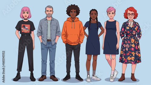 Diverse Group of Six Adults Standing Together, Illustrated Portrait