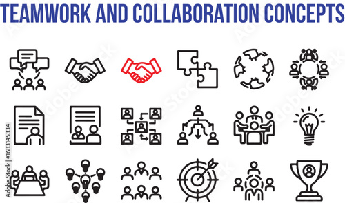 Bold Line Teamwork and Collaboration Icon Set - Modern Vector Symbols of Group Work, Business, and Success Concepts