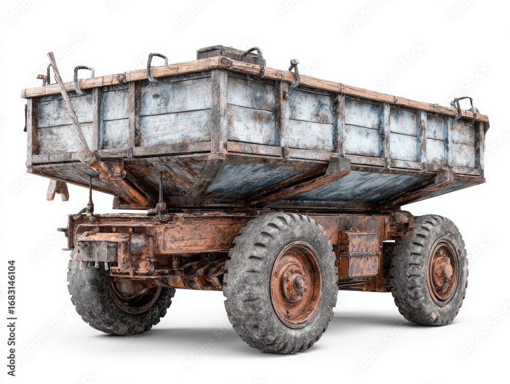 Fototapeta premium A rusty, weathered dump trailer stands out against a pure white backdrop, showcasing its aged wooden bed and corroded metal chassis.