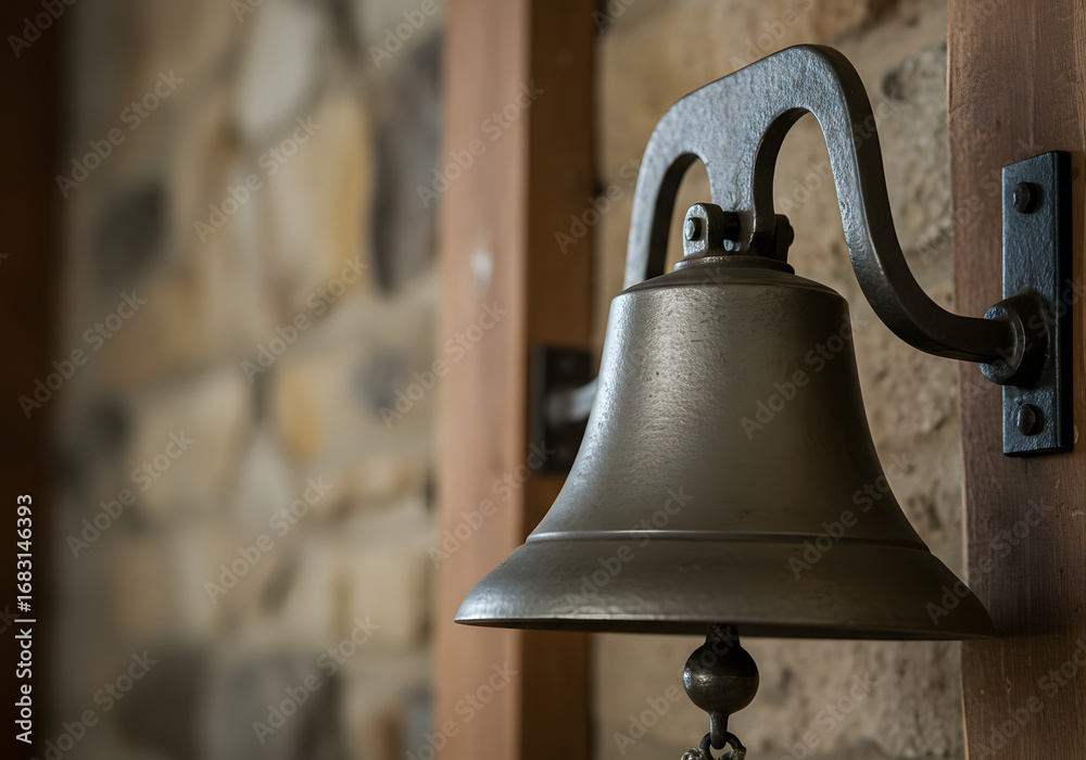 Obraz premium Vintage metal bell hanging on wooden surface with stone wall