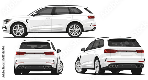 Detailed illustration of a luxurious white suv, showcasing different angles
