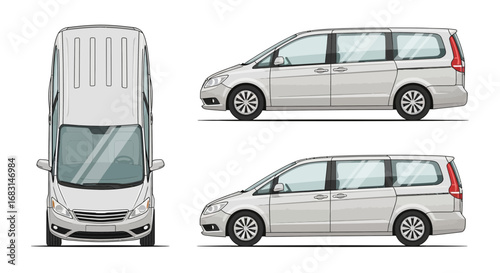 Detailed Illustration of a White Minivan with Multiple Perspectives