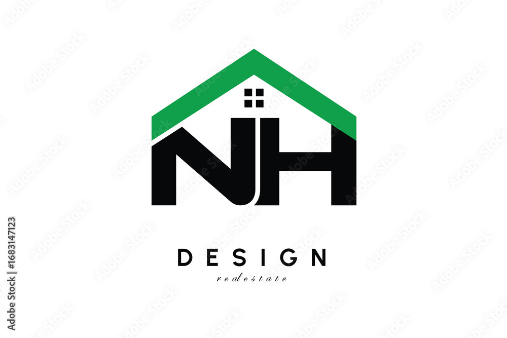 Obraz premium NH Letter Logo – Green Roof House Monogram for Real Estate & Home Branding