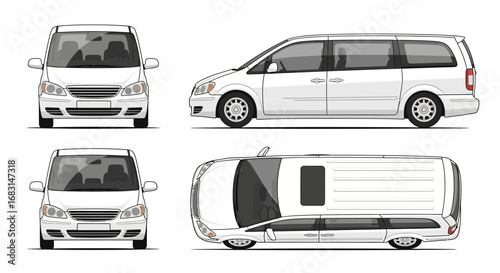 Illustrative minivan view showing front, side, and top perspectives