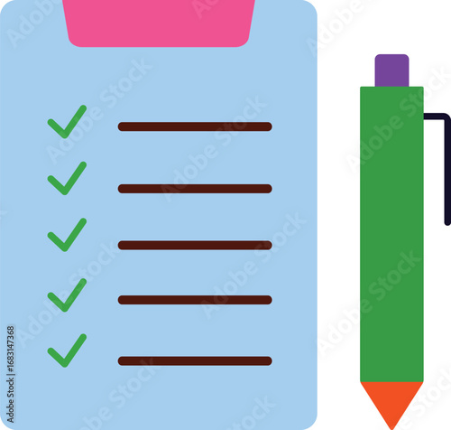 Colorful checklist with pen vector icon for task management.Simple flat design illustration of a completed to-do list or survey.