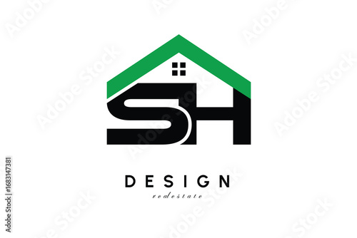 SH Letter Logo – Green Roof House Monogram for Real Estate & Home Branding