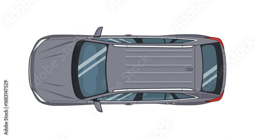 Overhead view of gray modern suv car illustration on white backdrop
