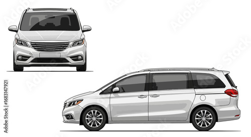 Sleek White Minivan Illustration with Front and Side Views for Design